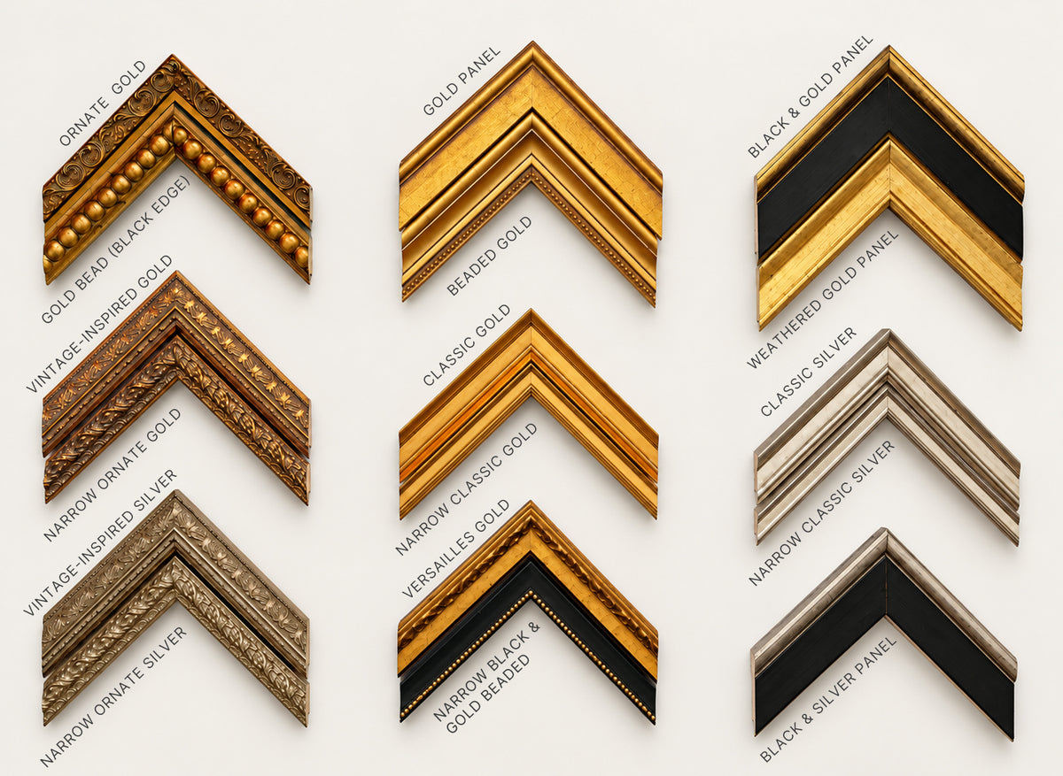 Corner samples of our gold, silver and black frame mouldings