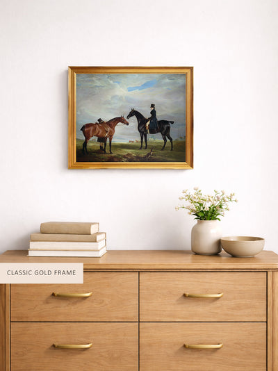 Frank Hall Standish on His Black Hunter with a Groom and a Second Horse