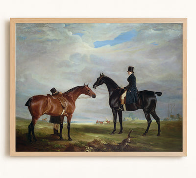 Frank Hall Standish on His Black Hunter with a Groom and a Second Horse