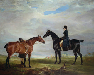 FRANK HALL STANDISH ON HIS BLACK HUNTER WITH A GROOM AND A SECOND HORSE - Museum Quality Art