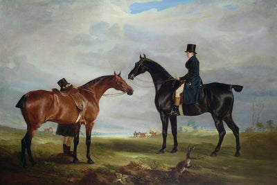 FRANK HALL STANDISH ON HIS BLACK HUNTER WITH A GROOM AND A SECOND HORSE - Museum Quality Art