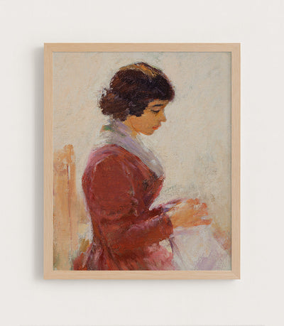 GIRL IN RED SEWING - Museum Quality Art