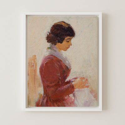 GIRL IN RED SEWING - Museum Quality Art