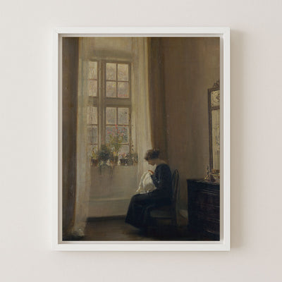 Girl Sewing in an Interior
