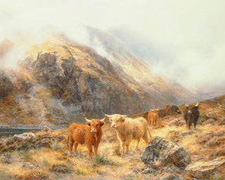 HIGHLAND CATTLE IN A MOUNTAINOUS LANDSCAPE - Museum Quality Art
