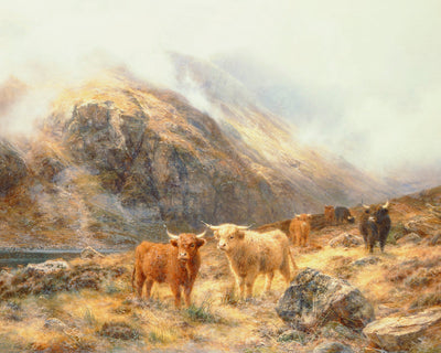 HIGHLAND CATTLE IN A MOUNTAINOUS LANDSCAPE - Museum Quality Art