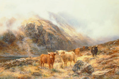 HIGHLAND CATTLE IN A MOUNTAINOUS LANDSCAPE - Museum Quality Art