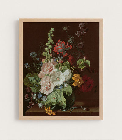 Hollyhocks and Other Flowers in a Vase
