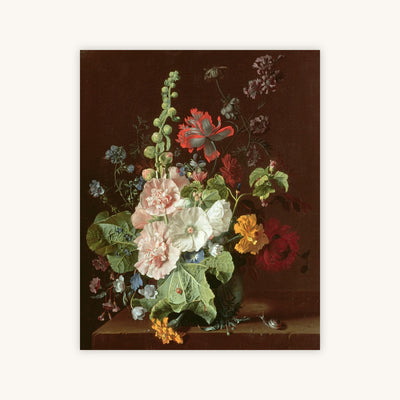 HOLLYHOCKS AND OTHER FLOWERS IN A VASE — Primary Image