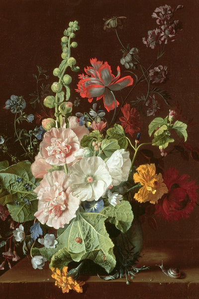 Hollyhocks and Other Flowers in a Vase