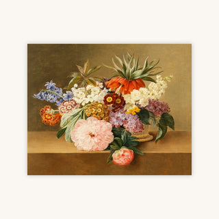 IRIS, LILAC, PRIMULAE BLOSSOMS, AND PEONIES IN A BASKET — Primary Image