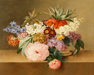 IRIS, LILAC, PRIMULAE BLOSSOMS, AND PEONIES IN A BASKET art print - Museum Quality Art