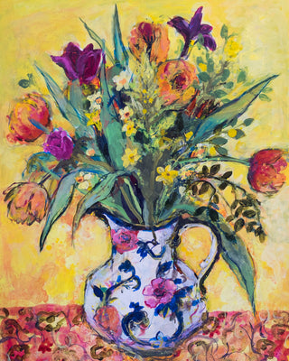 JUG OF SPRING FLOWERS ON A YELLOW GROUND - Museum Quality Art