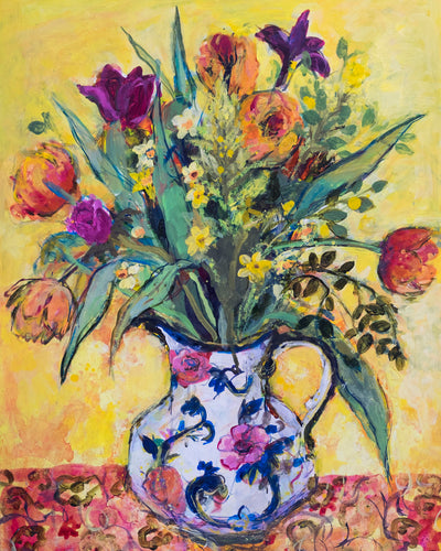JUG OF SPRING FLOWERS ON A YELLOW GROUND - Museum Quality Art