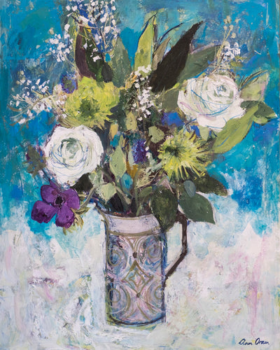 JUG WITH WHITE ROSES AND OTHER FLOWERS - Museum Quality Art