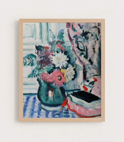 MIXED DAHLIAS IN A GREEN VASE WITH A BOOK ON A CHEQUERED TABLECLOTH - Museum Quality Art
