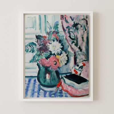 MIXED DAHLIAS IN A GREEN VASE WITH A BOOK ON A CHEQUERED TABLECLOTH - Museum Quality Art