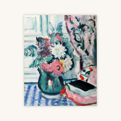 Mixed Dahlias in a Green Vase With a Book on a Chequered Tablecloth — Primary Image