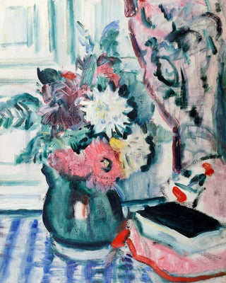 MIXED DAHLIAS IN A GREEN VASE WITH A BOOK ON A CHEQUERED TABLECLOTH