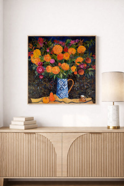 Orange Chrysanthemums on a Tapestry Cloth