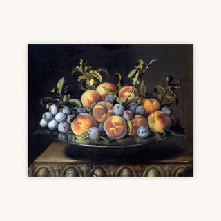 PEACHES AND PLUMS IN A TIN DISH — Primary Image