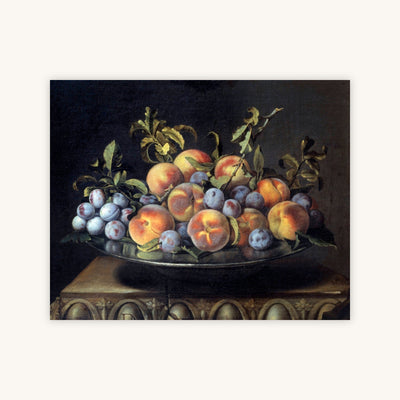 PEACHES AND PLUMS IN A TIN DISH — Primary Image