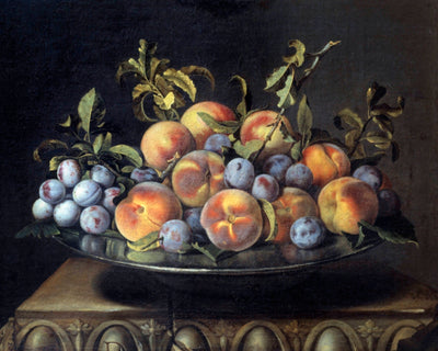 PEACHES AND PLUMS IN A TIN DISH