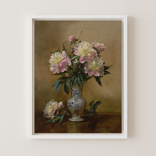 Peonies in a Blue and White Vase