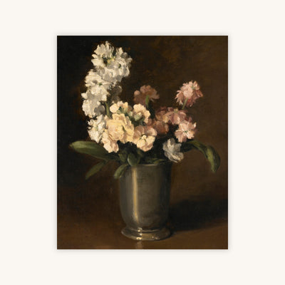 PINK AND WHITE STOCKS IN PEWTER VASE — Primary Image