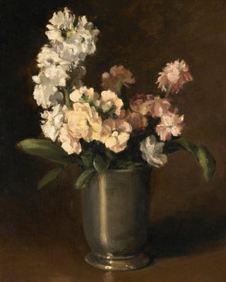 PINK AND WHITE STOCKS IN PEWTER VASE