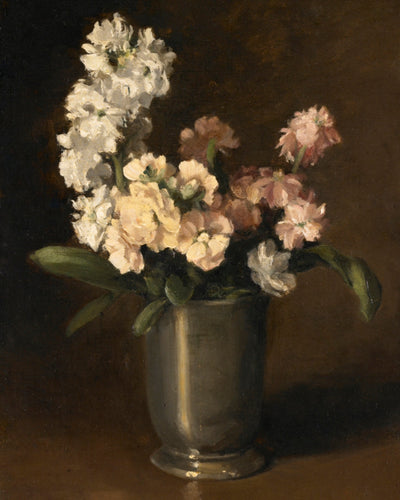 PINK AND WHITE STOCKS IN PEWTER VASE