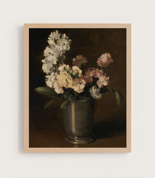 Pink and White Stocks in Pewter Vase