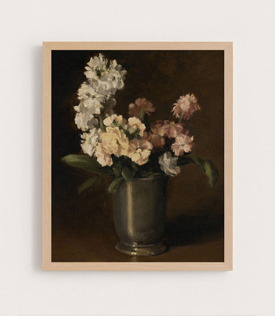 Pink and White Stocks in Pewter Vase