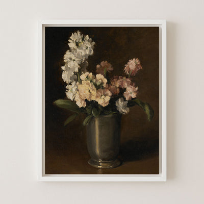 Pink and White Stocks in Pewter Vase