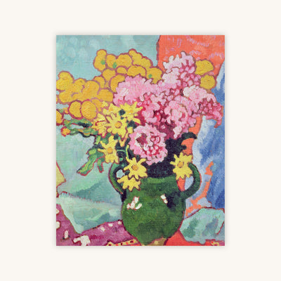 PINK AND YELLOW FLOWERS IN GREEN VASE — Primary Image