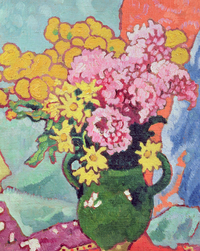 PINK AND YELLOW FLOWERS IN GREEN VASE