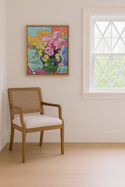 Pink and Yellow Flowers in Green Vase