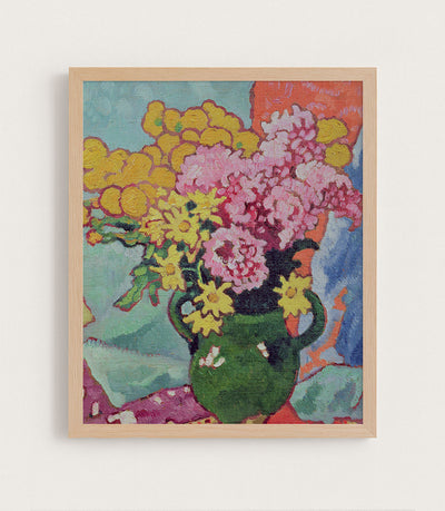 PINK AND YELLOW FLOWERS IN GREEN VASE - Museum Quality Art