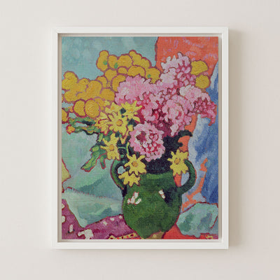 Pink and Yellow Flowers in Green Vase