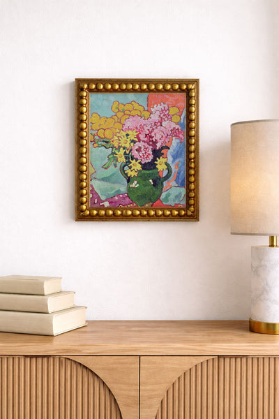 Pink and Yellow Flowers in Green Vase