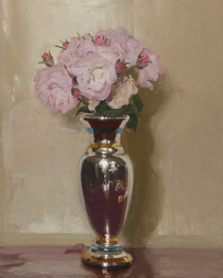 PINK ROSES IN A SILVER LUSTRE VASE