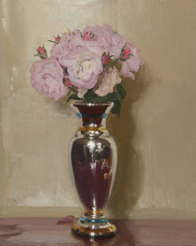 PINK ROSES IN A SILVER LUSTRE VASE