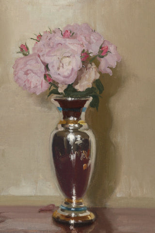 PINK ROSES IN A SILVER LUSTRE VASE