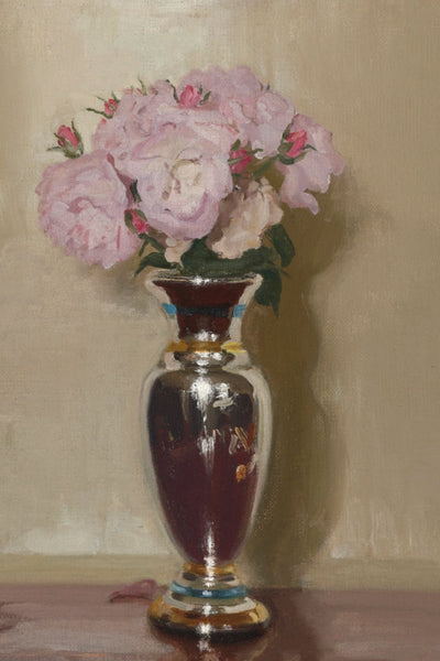 PINK ROSES IN A SILVER LUSTRE VASE