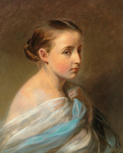 PORTRAIT OF A GIRL DRAPED IN A BLUE AND WHITE WRAP