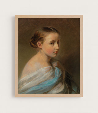 PORTRAIT OF A GIRL DRAPED IN A BLUE AND WHITE WRAP - Museum Quality Art