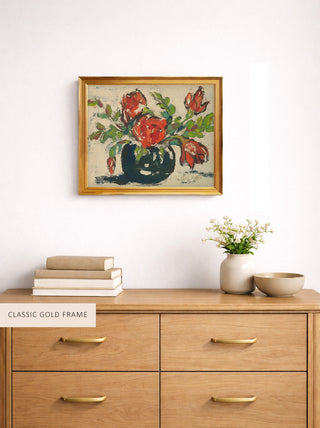 RED FLOWERS IN A BLACK VASE - Museum Quality Art