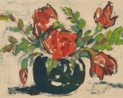 Red Flowers in a Black Vase