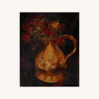 RED FLOWERS IN COPPER PITCHER — Primary Image