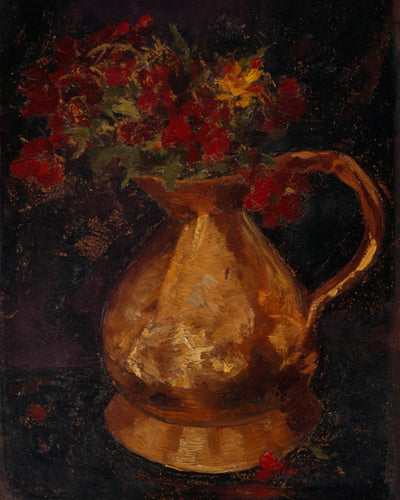 RED FLOWERS IN COPPER PITCHER